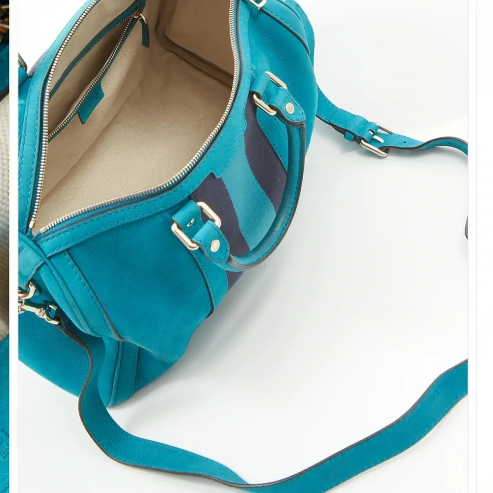 Authentic Gucci Teal Blue Suede Web Boston Bag - Picture 4 of 16